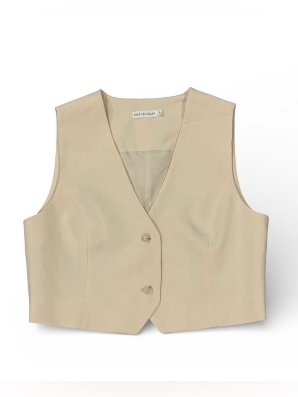 Avec Les Filles Light Tan/Cream Two Button Vest, Cropped, Tailored, Lined, Sz. M